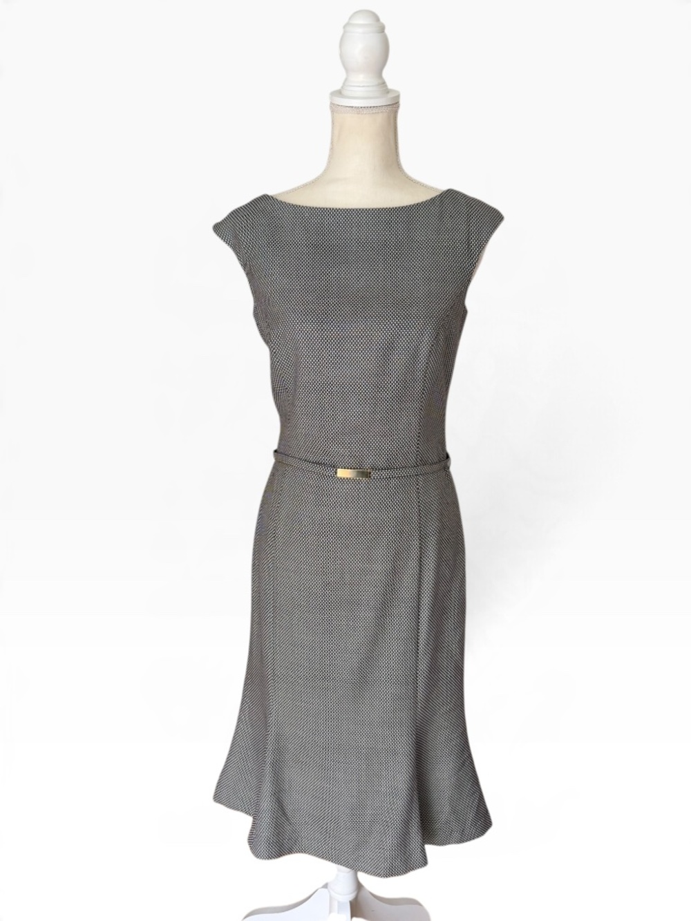 ESCADA Black White Geometric Belted Fit & Flare Midi Dress